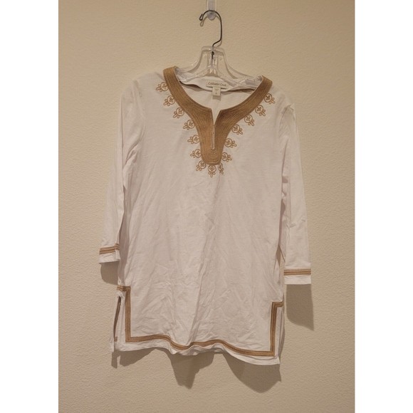COLDWATER CREEK WOMENS White W/Gold Embroider Trim 3/4 Sleeve Top Size Large/14 - Picture 1 of 5